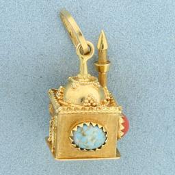 Jade, Red Coral, And Turquoise Mosque Pendant In 18k Yellow Gold