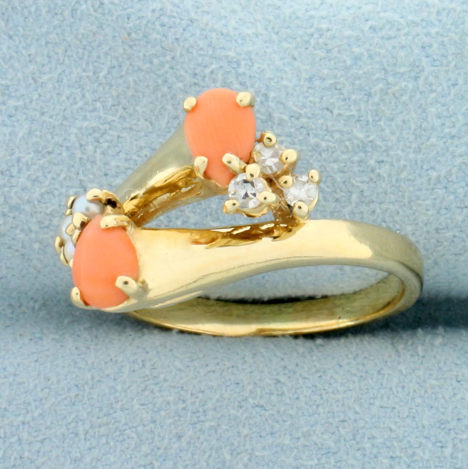 Pink Coral, Pearl And Diamond Ring In 14k Yellow Gold