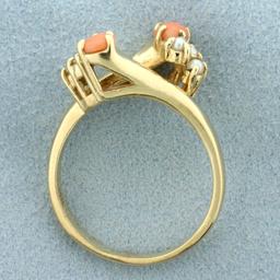 Pink Coral, Pearl And Diamond Ring In 14k Yellow Gold