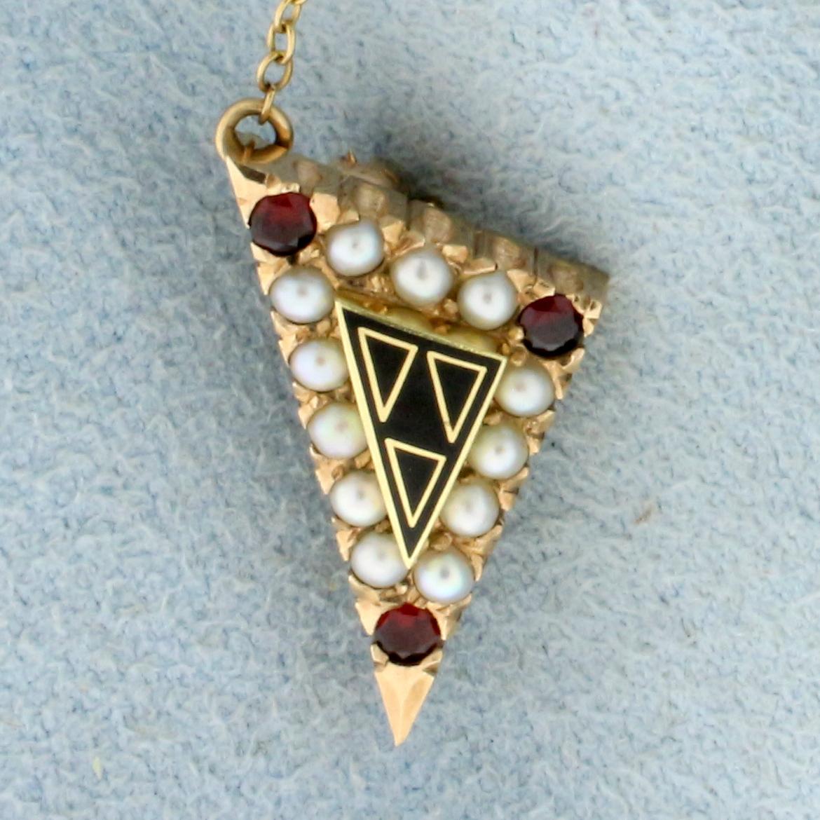 Vintage Acacia Fraternity Garnet And Pearl Pin In 10k Yellow Gold