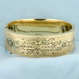 Vintage Engraved And Enameled Bangle Bracelet In 12k Yellow Gold