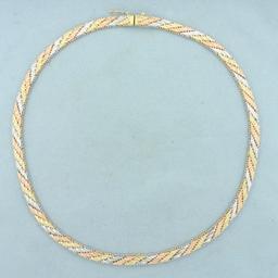 Italian 16 Inch Tri Color Designer Link Necklace In 14k Yellow, White And Rose Gold