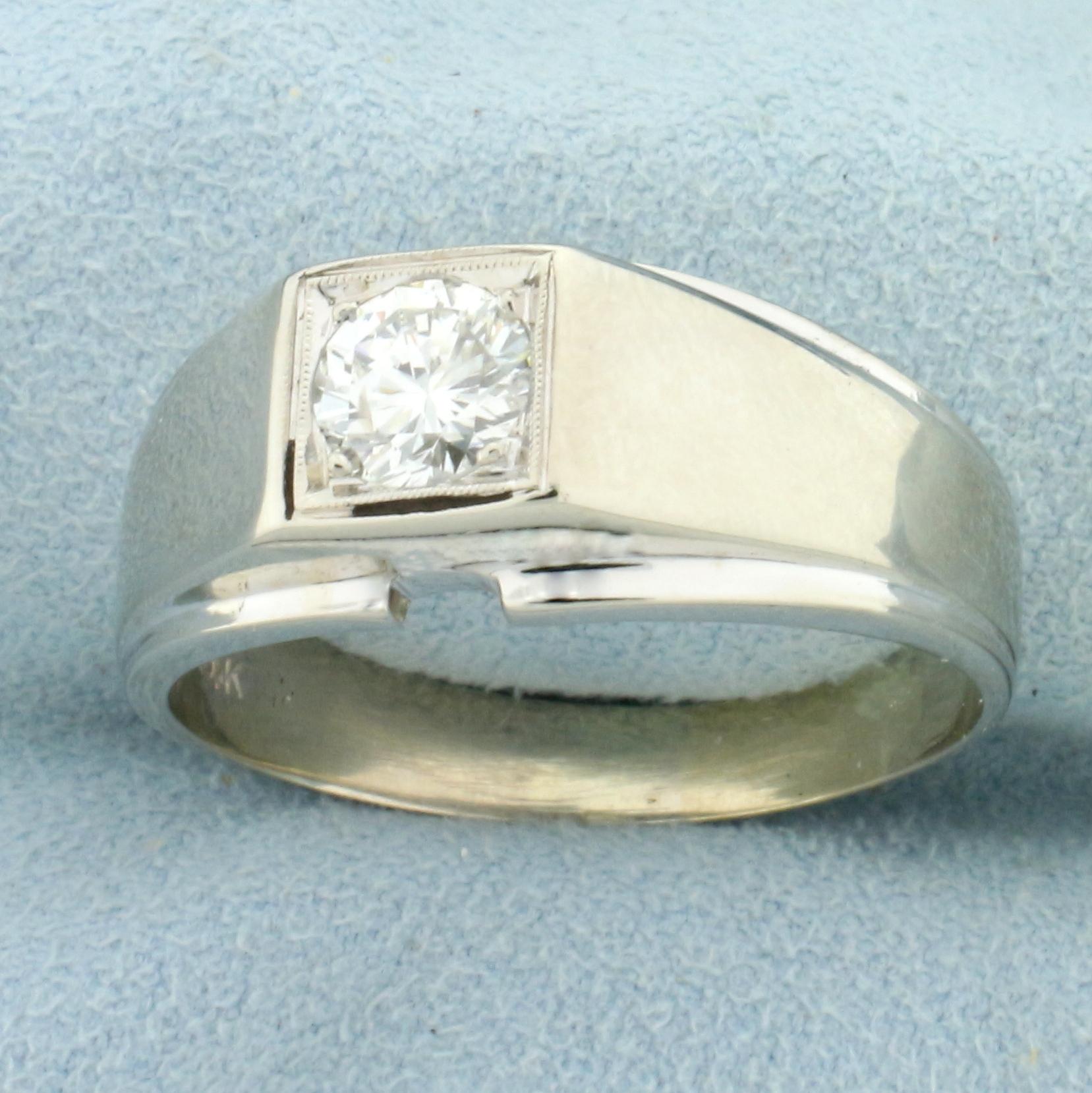 Mens 1ct Diamond Solitaire Ring In 14k White Gold