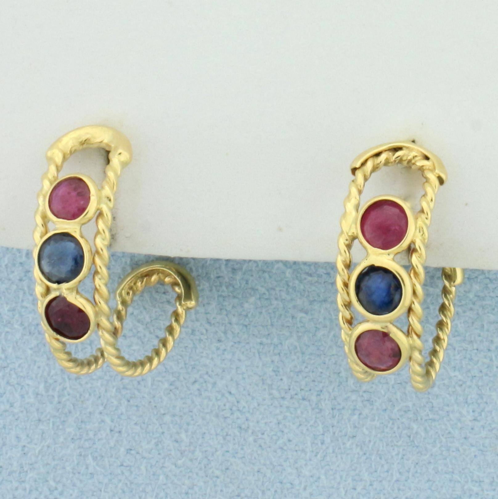 Ruby And Sapphire Hoop Earrings In 18k Yellow Gold