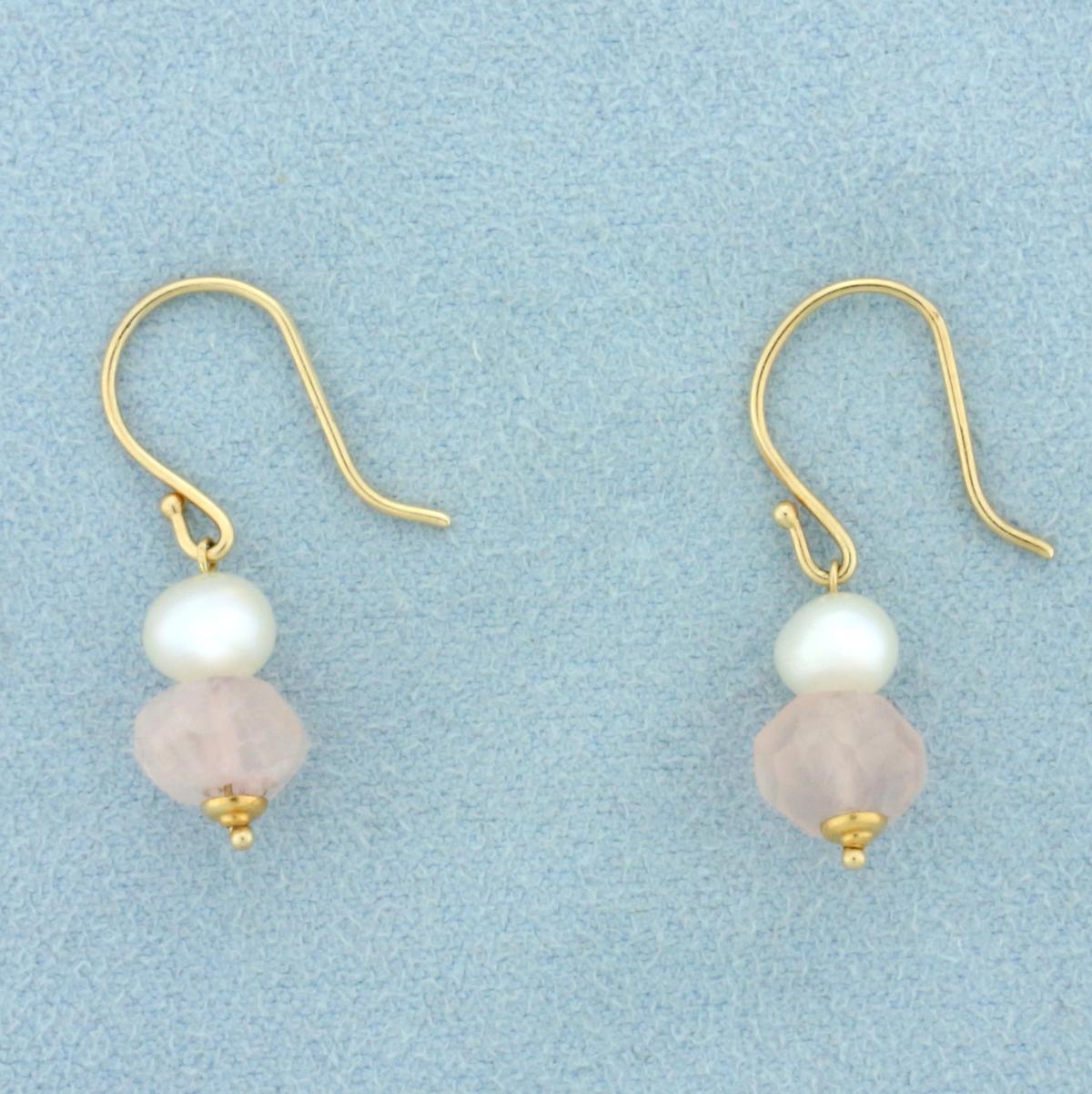 Pink Quartz And Pearl Dangle Earrings In 14k Yellow Gold