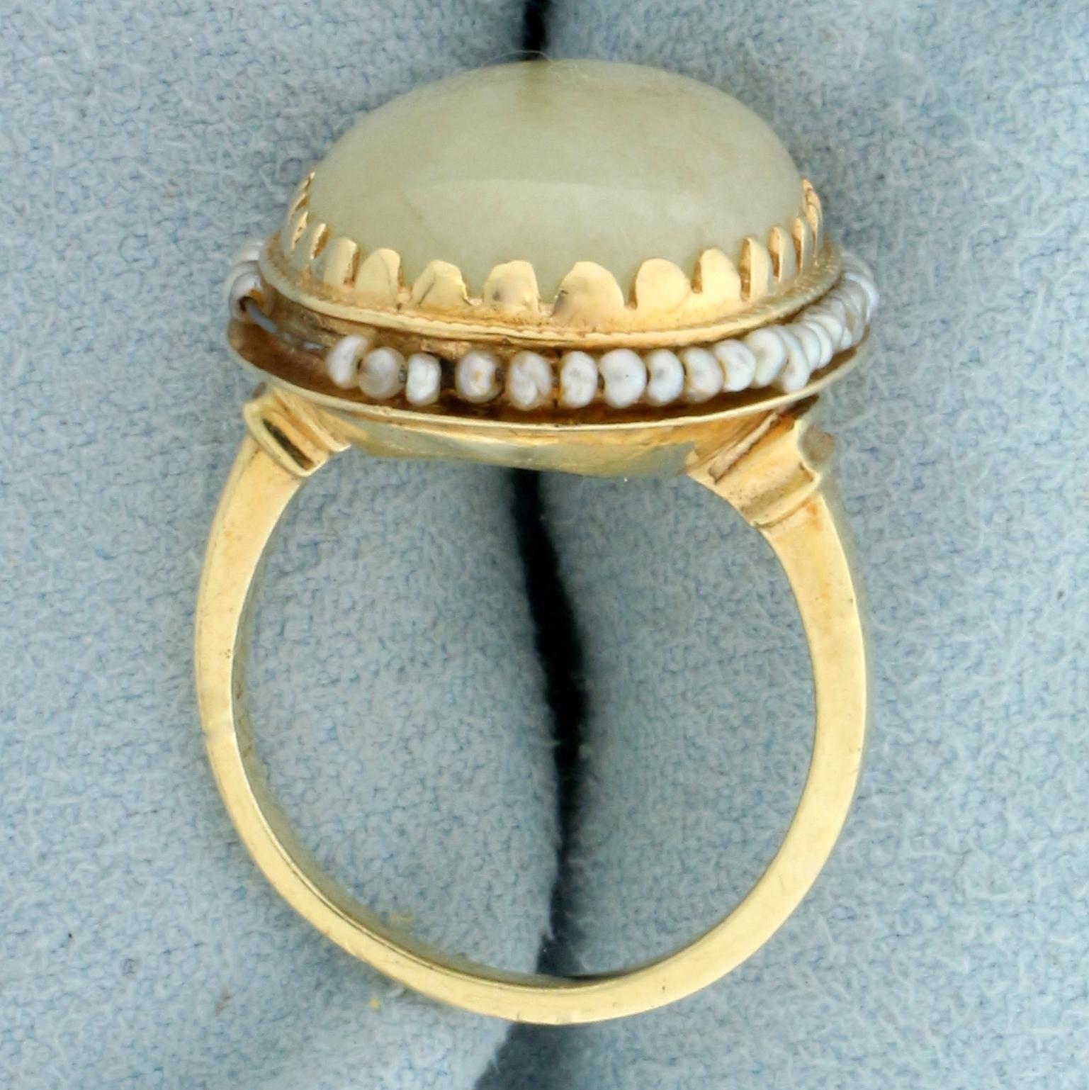 Antique Jade And Seed Pearl Ring In 14k Yellow Gold