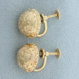 Vintage Starburst Half Dome Button Screw Back Earrings In 14k Yellow Gold