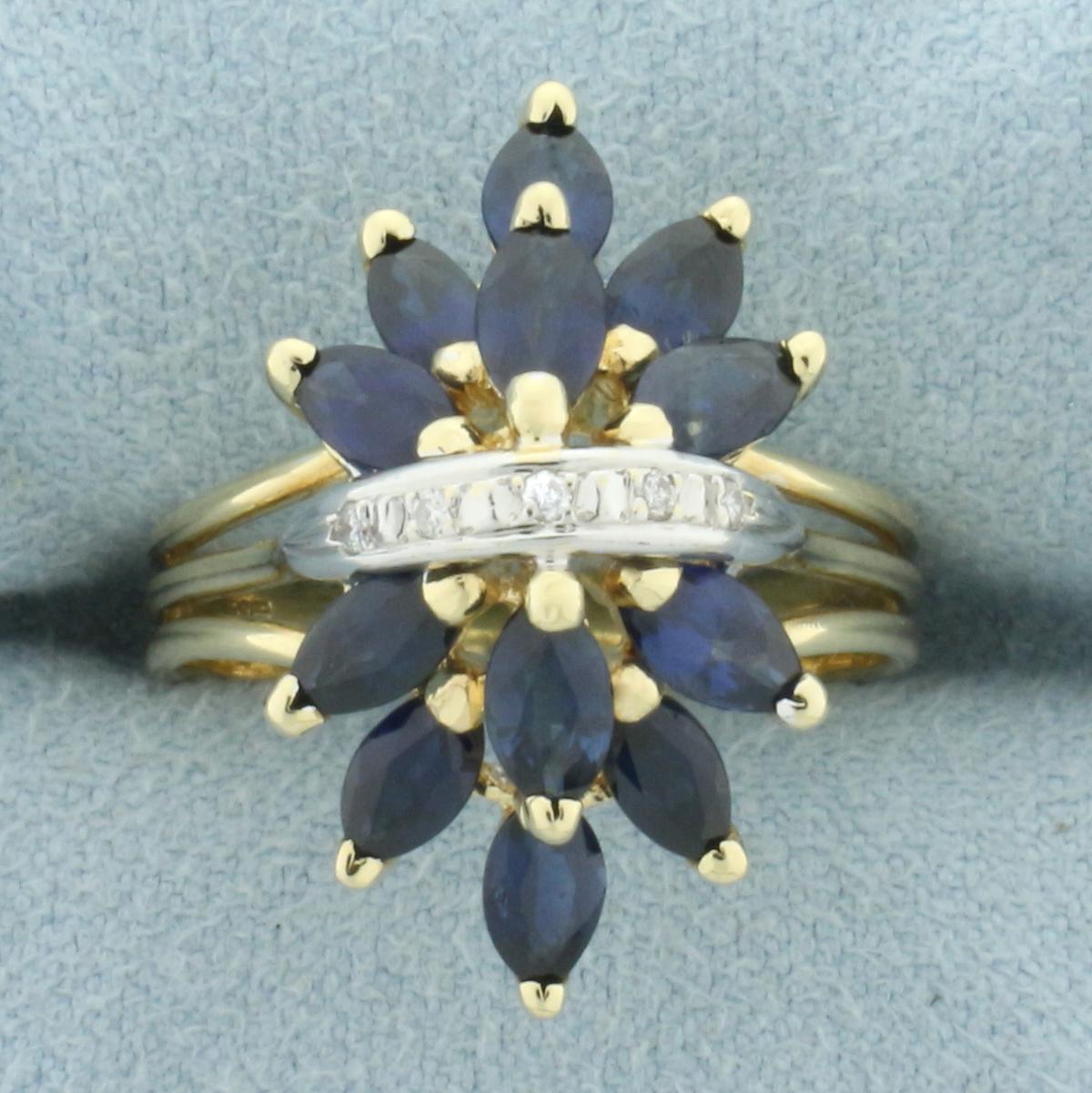 Sapphire And Diamond Spray Design Ring In 14k Yellow Gold