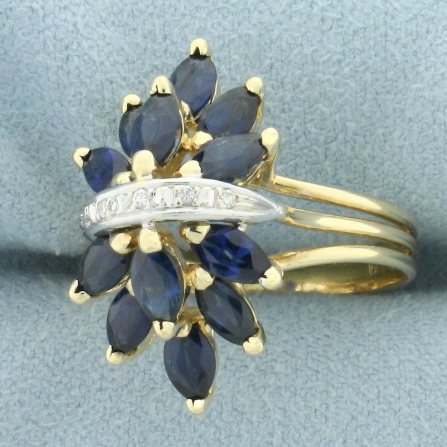 Sapphire And Diamond Spray Design Ring In 14k Yellow Gold