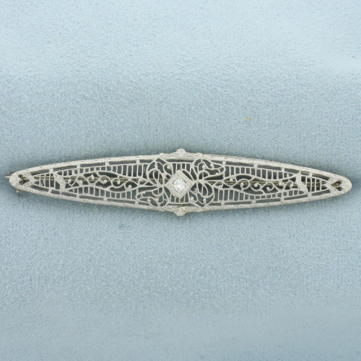 Antique Old European Cut Diamond Filigree Brooch Pin In 14k White Gold