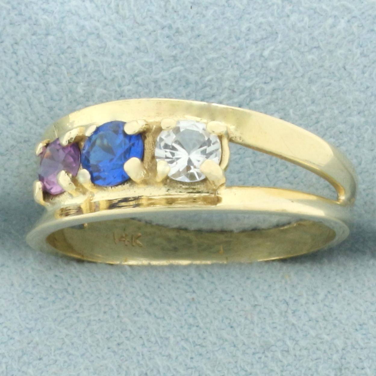 Three Stone Lab Sapphire Ring In 14k Yellow Gold