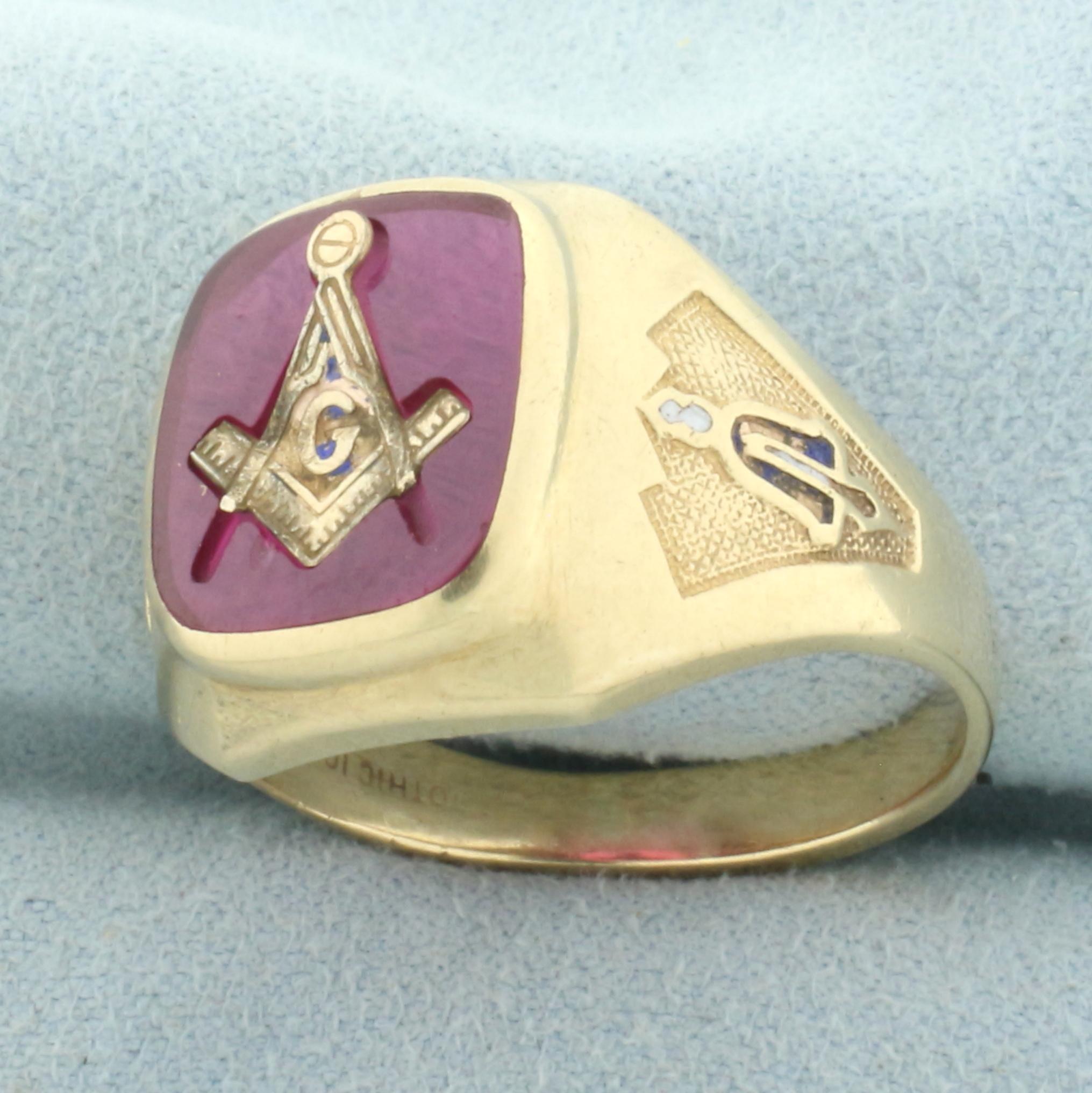 Vintage Lab Ruby Masonic Ring In 10k Yellow Gold