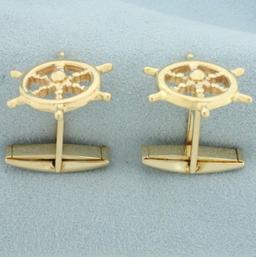 Ship's Wheel Nautical Cufflinks In 14k Yellow Gold