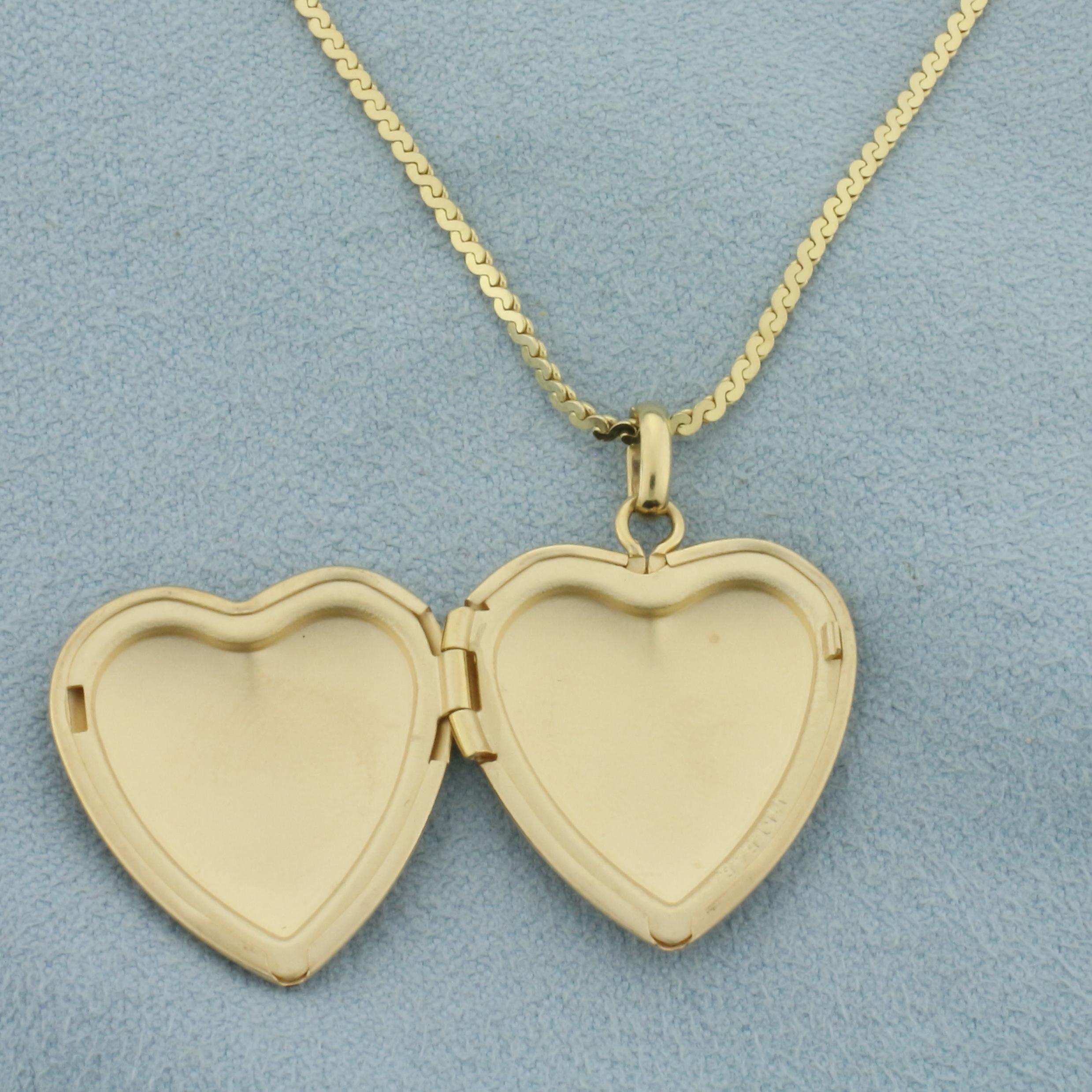 Butterfly And Rose Etched Heart Locket Necklace In 14k Yellow Gold