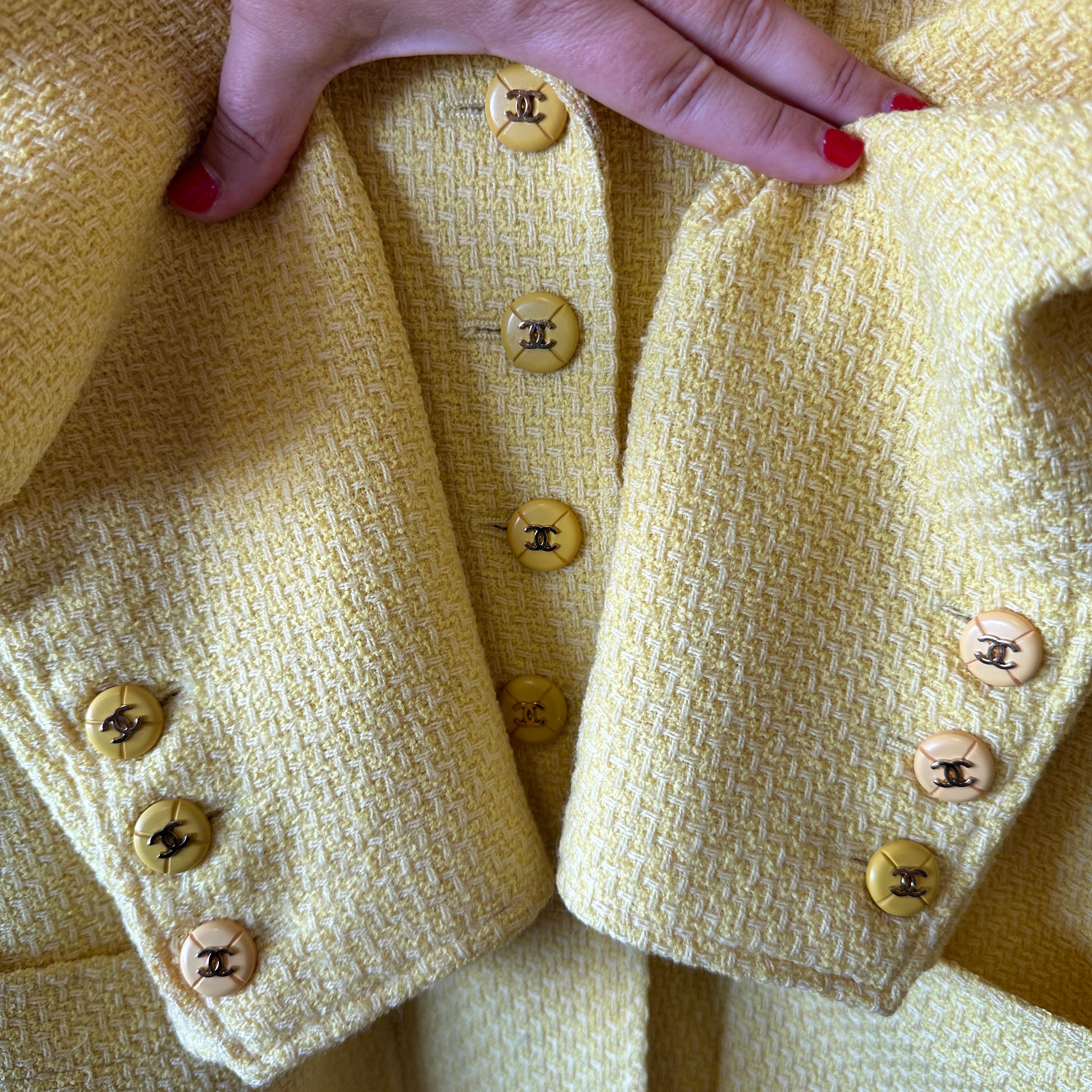 Chanel 97c Bright Yellow Tweed Cc Logo Button Blazer Jacket 42