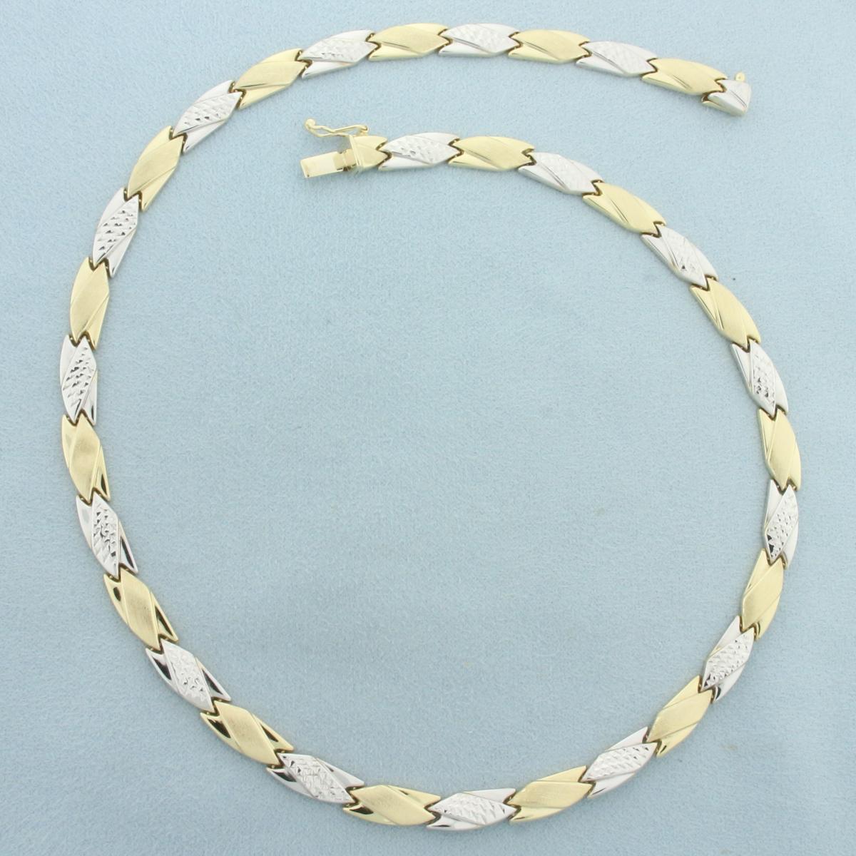 17 Inch Two Tone Diamond Cut Designer Link Necklace In 14k Yellow And White Gold