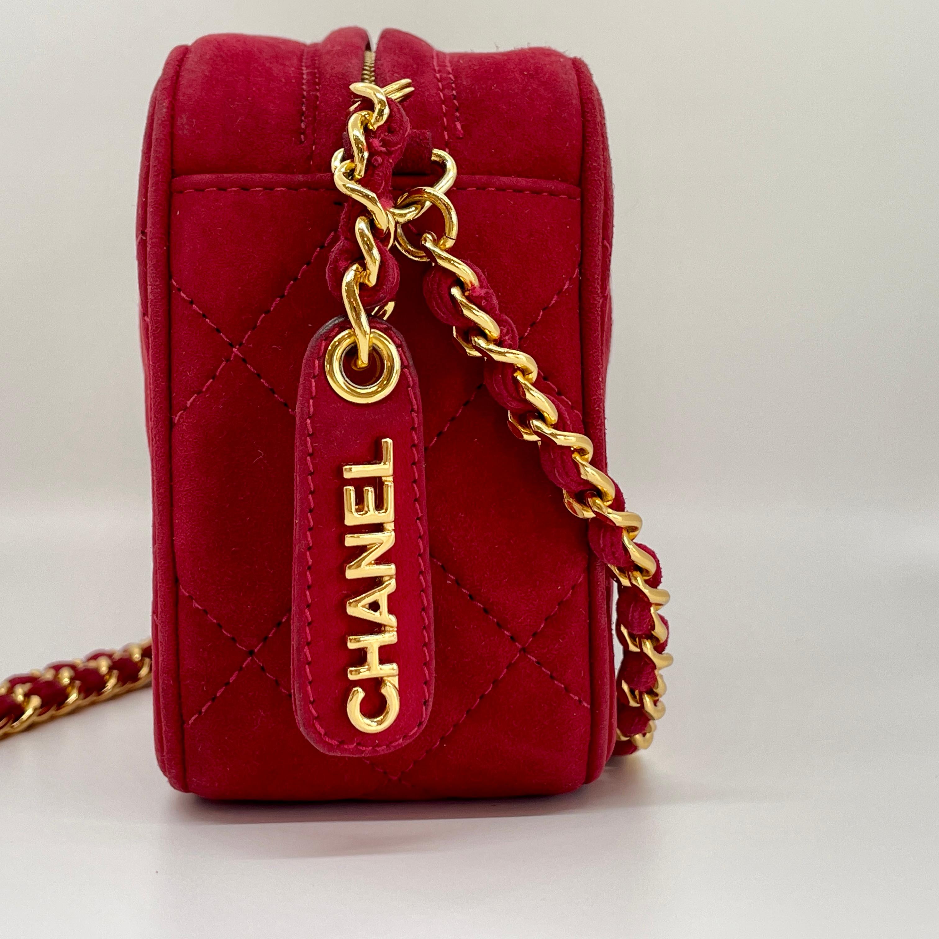 Chanel Classic Red Suede Crossbody Quilted Camera Bag