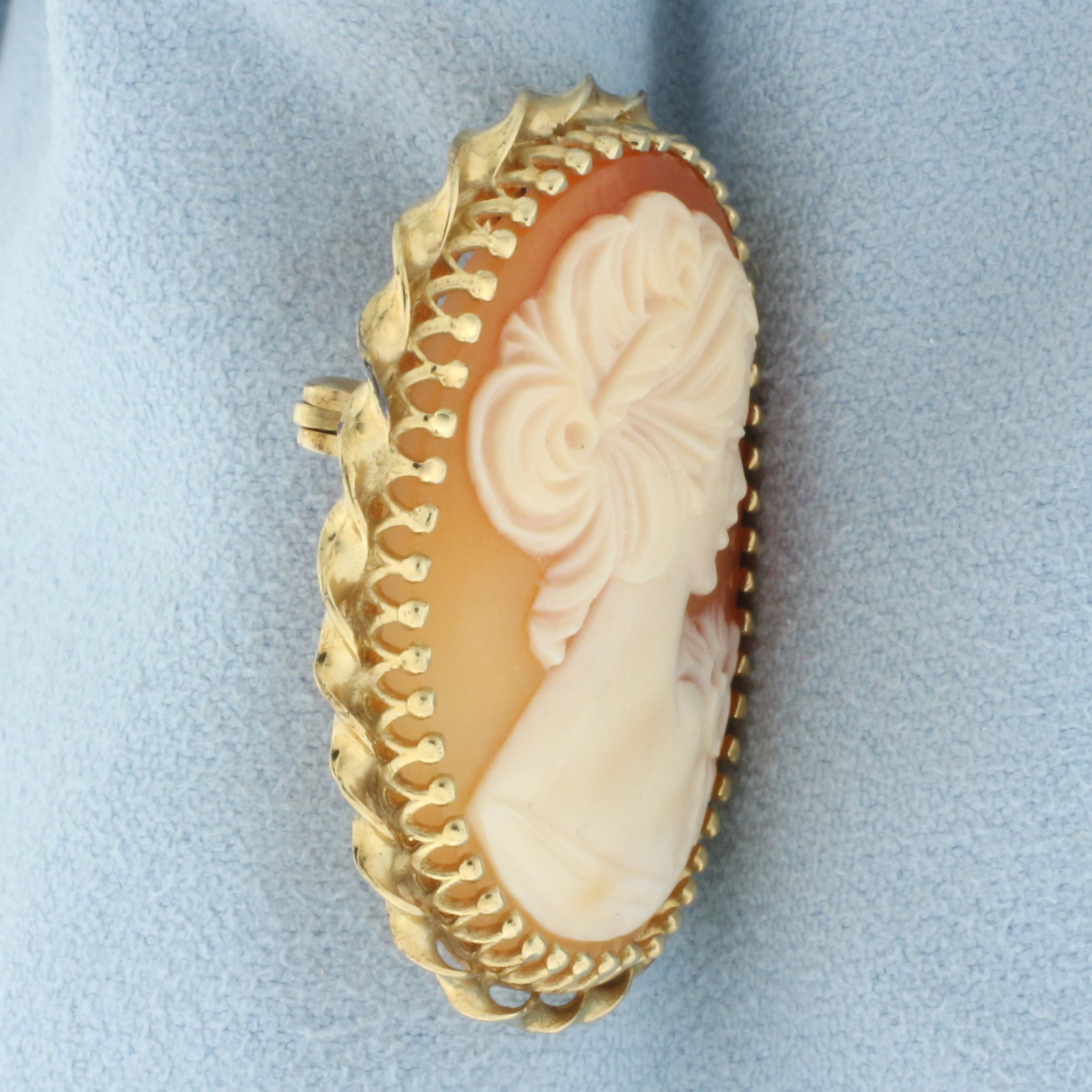 Carved Shell Right Facing Cameo Pendant Brooch Pin In 14k Yellow Gold