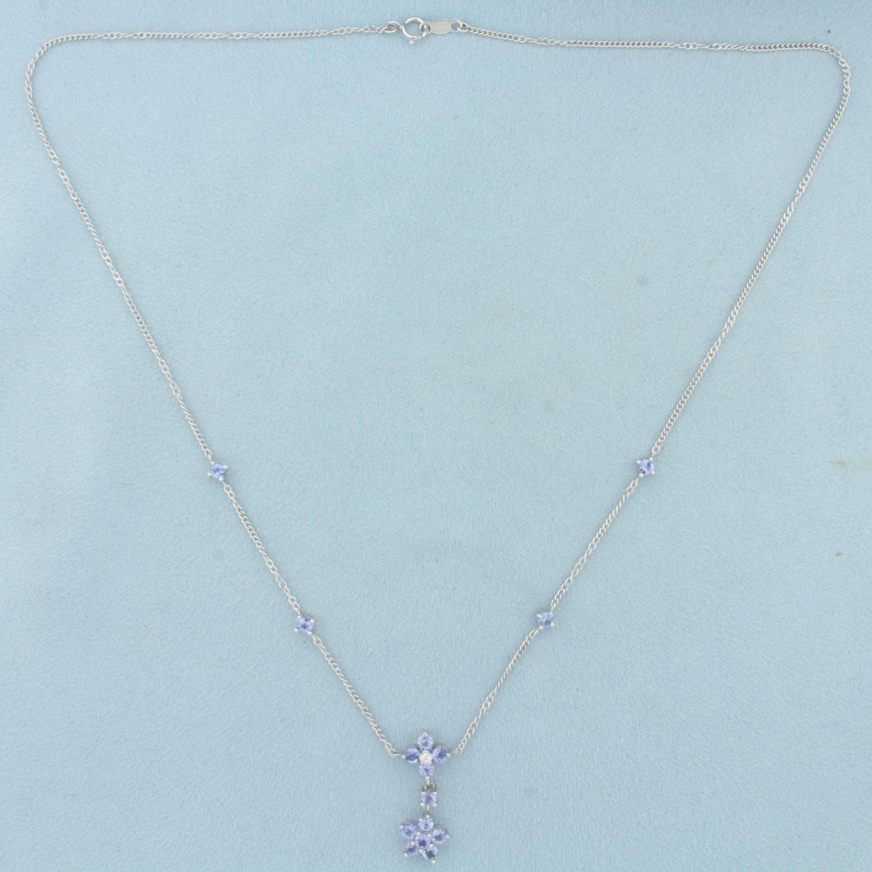 Tanzanite And Diamond Flower Design Necklace In 14k White Gold