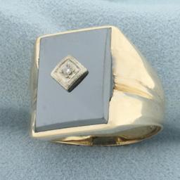 Mens Hematite And Diamond Signet Ring In 10k Yellow Gold