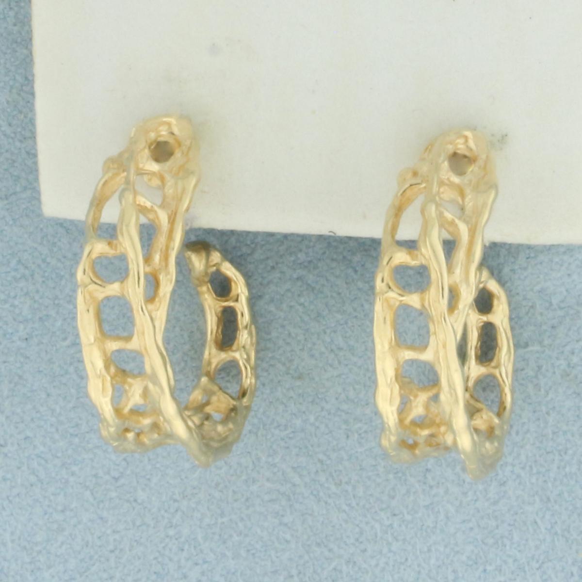 Abstract Design Hand Made Hoop Earrings In 14k Yellow Gold