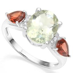 Green Amethyst, Garnet, And Diamond Ring In Sterling Silver