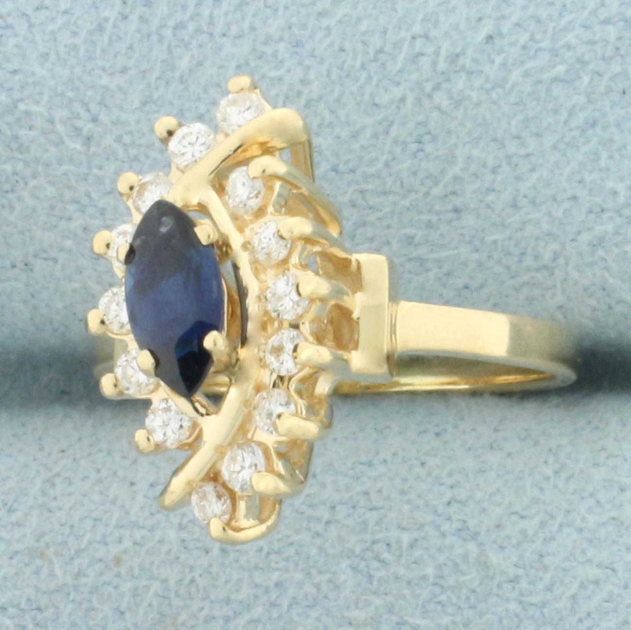 Marquise Sapphire And Diamond Ring In 14k Yellow Gold