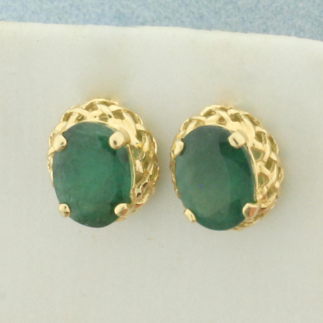 Emerald Stud Earrings In 14k Yellow Gold Basketweave Design Settings