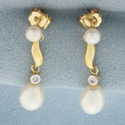 Mikura Pearl And Diamond Drop Earrings In 18k Yellow Gold