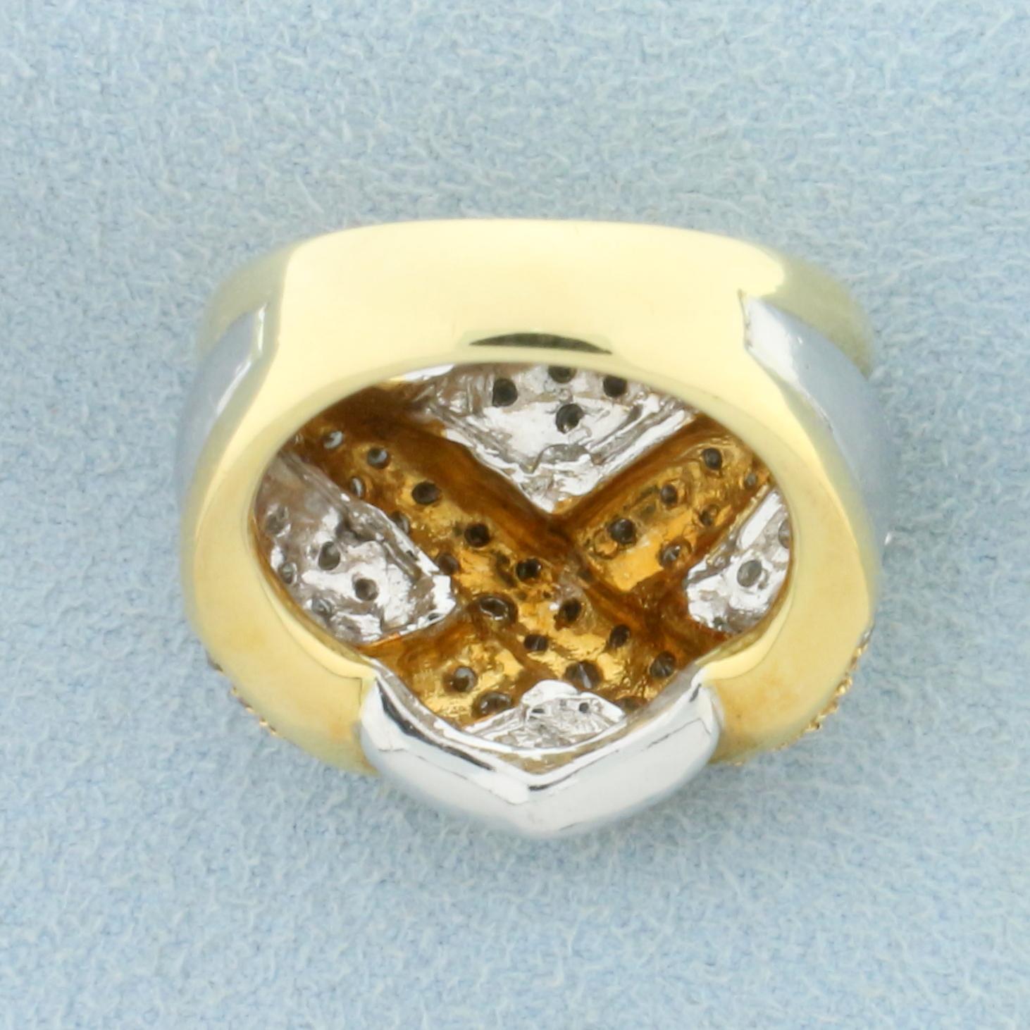 Vintage Diamond Criss Cross Design Statement Ring In 18k Yellow And White Gold