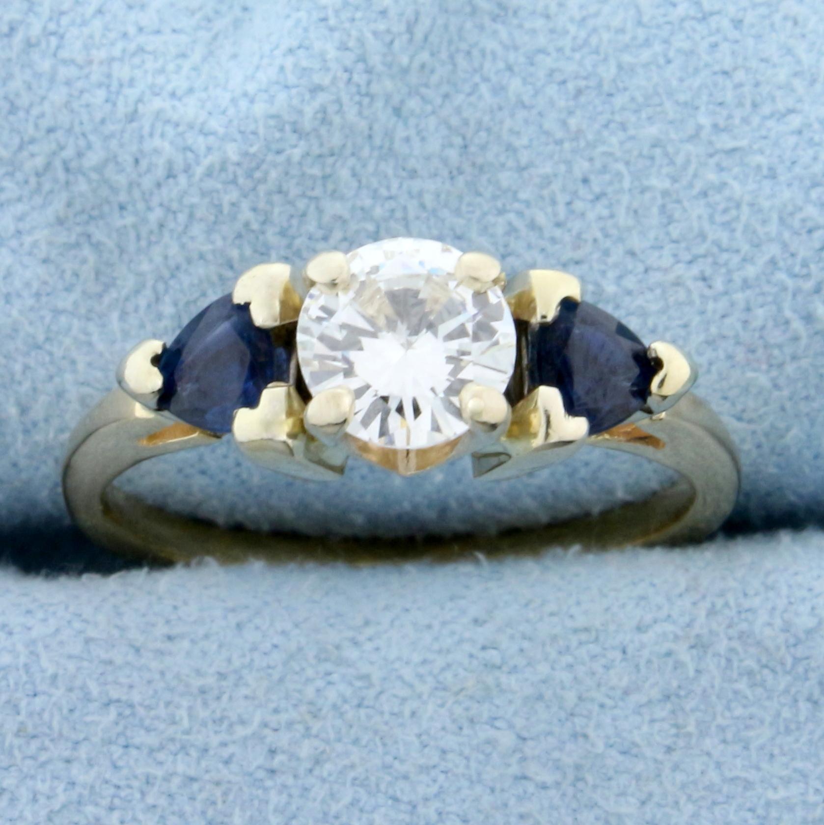 3 Stone Diamond And Sapphire Engagement Ring In 14k Yellow Gold