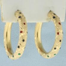 Enamel Sparkle Finish Hoop Earrings In 14k Yellow Gold