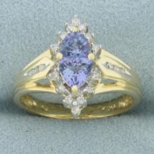 Unique Tanzanite And Diamond Ring In 14k Yellow Gold