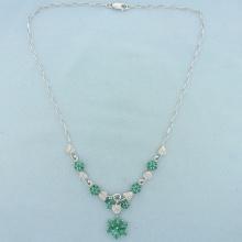 6ct Emerald And Diamond Flower Design Necklace In 14k White Gold