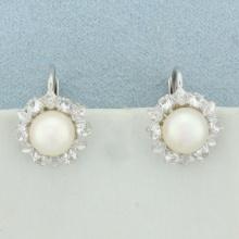 Cultured Pearl And Cz Earrings In 14k White Gold