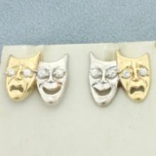 Comedy And Tragedy Theater Mask Earrings In 10k Yellow And White Gold