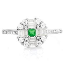 Lab Emerald & White Sapphire Target Halo Ring In Platinum Over Sterling Silver