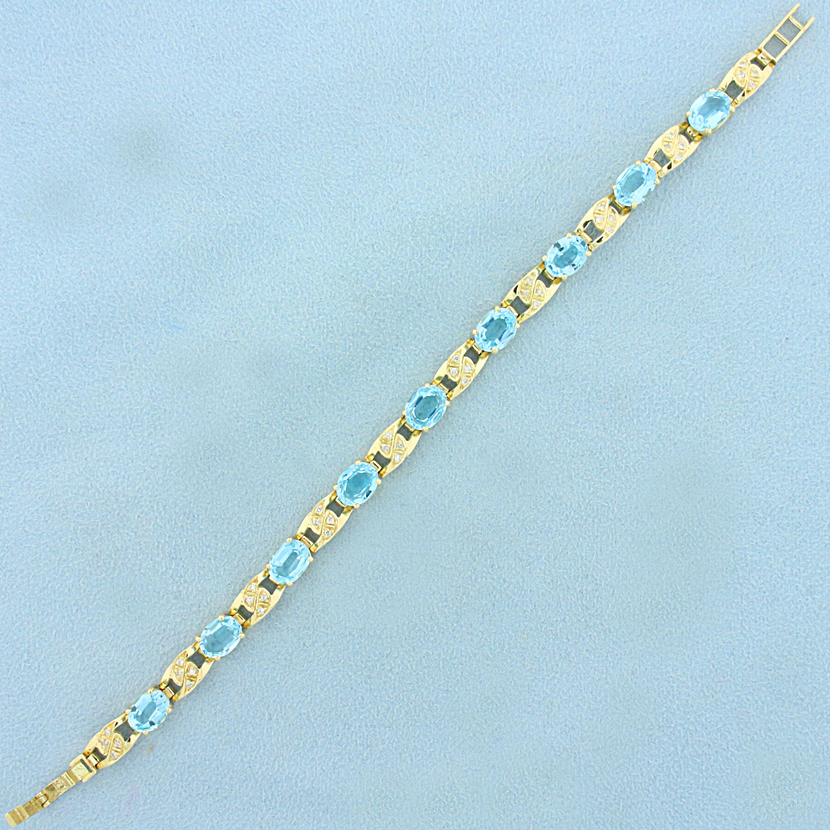 14ct Tw Swiss Blue Topaz And Diamond Line Bracelet In 14k Yellow Gold