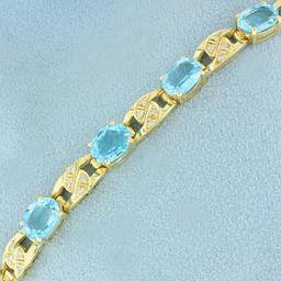 14ct Tw Swiss Blue Topaz And Diamond Line Bracelet In 14k Yellow Gold