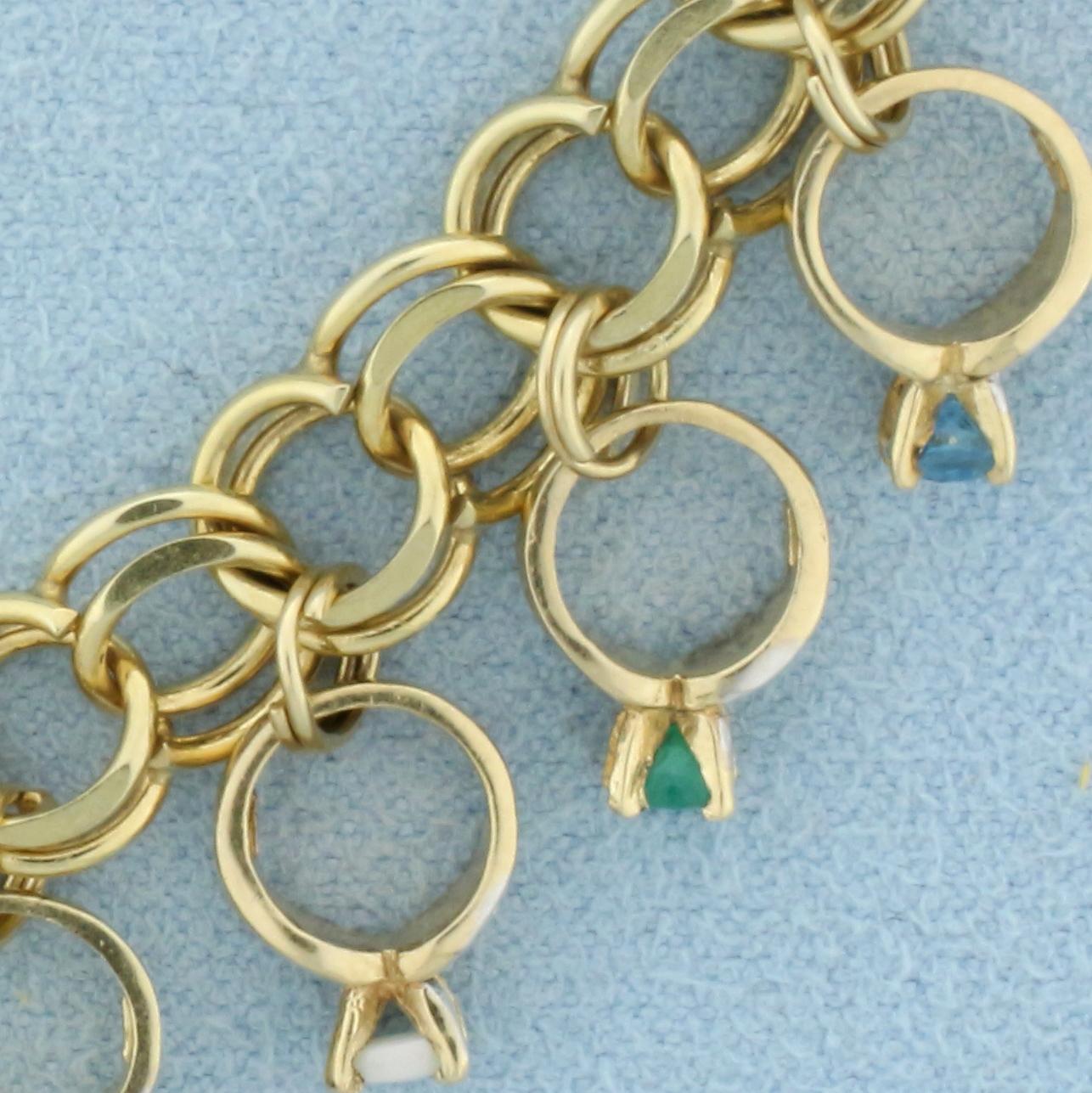 Unique Dangle Rings Charm Bracelet In 10k Yellow Gold