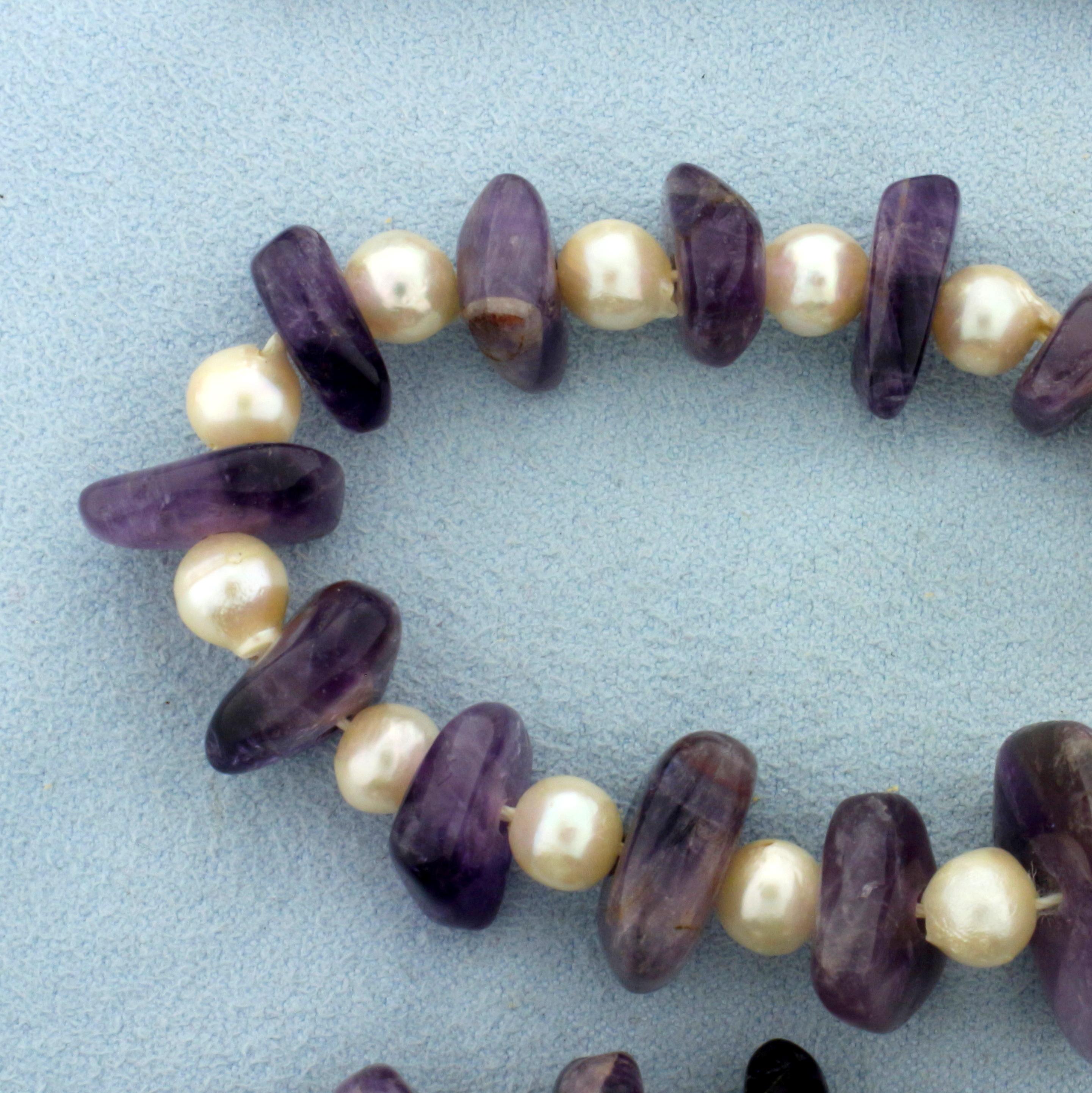 24 Inch Pearl And Amethyst Bead Necklace With 10k Yellow Gold Clasp