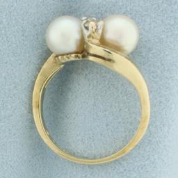 Akoya Pearl And White Sapphire Moi Et Toi Ring In 10k Yellow Gold