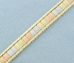 Italian Tri Color Satin Finish Train Track Bracelet In 14k Yellow, Rose And White Gold