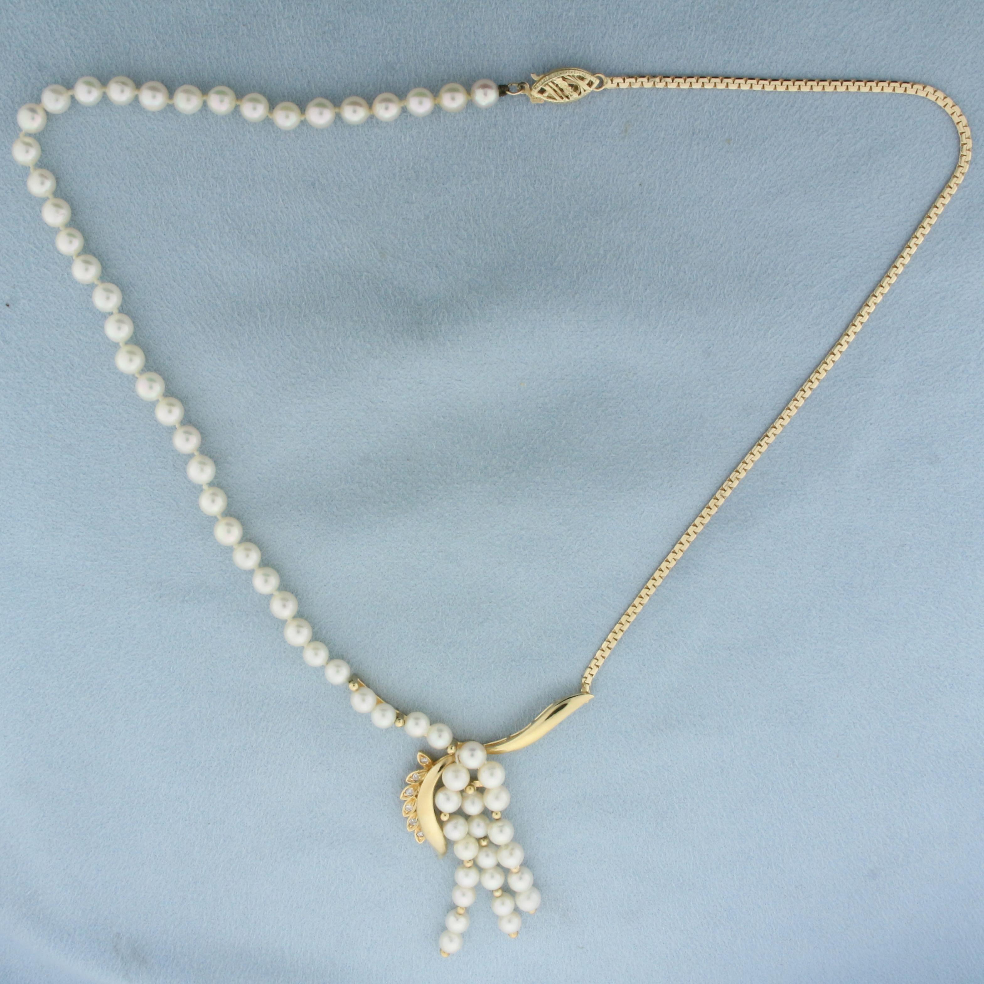 Designer Pearl And Diamond Necklace In 14k Yellow Gold
