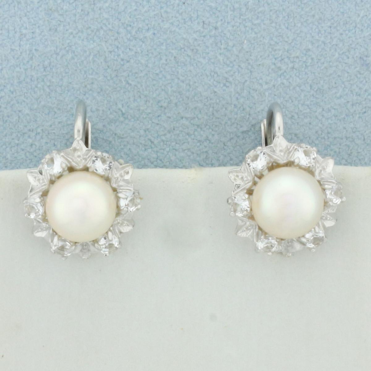 Cultured Pearl And Cz Earrings In 14k White Gold