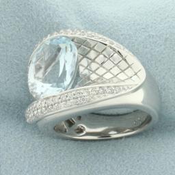 4ct Aquamarine And Diamond Quilted Design Ring In 14k White Gold