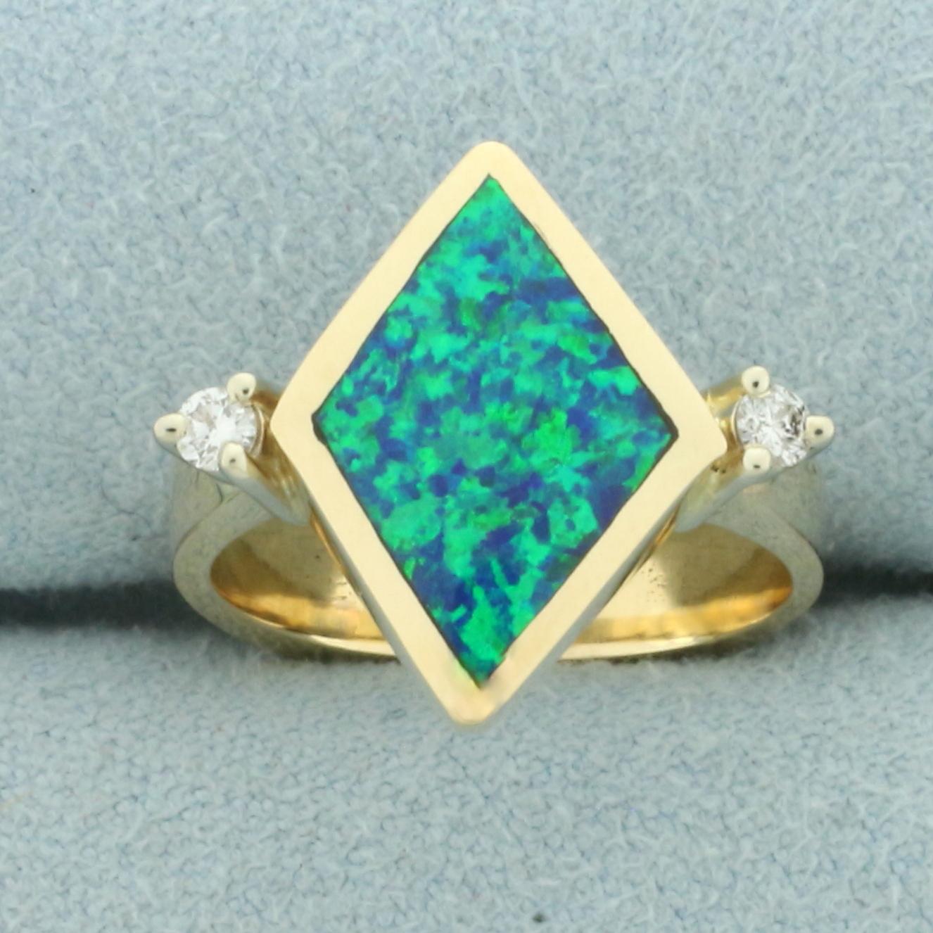 Australian Black Opal And Diamond Ring In 14k Yellow Gold