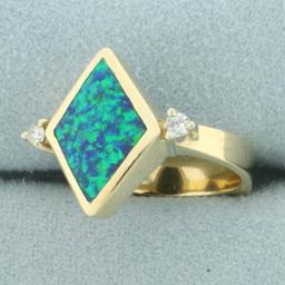 Australian Black Opal And Diamond Ring In 14k Yellow Gold