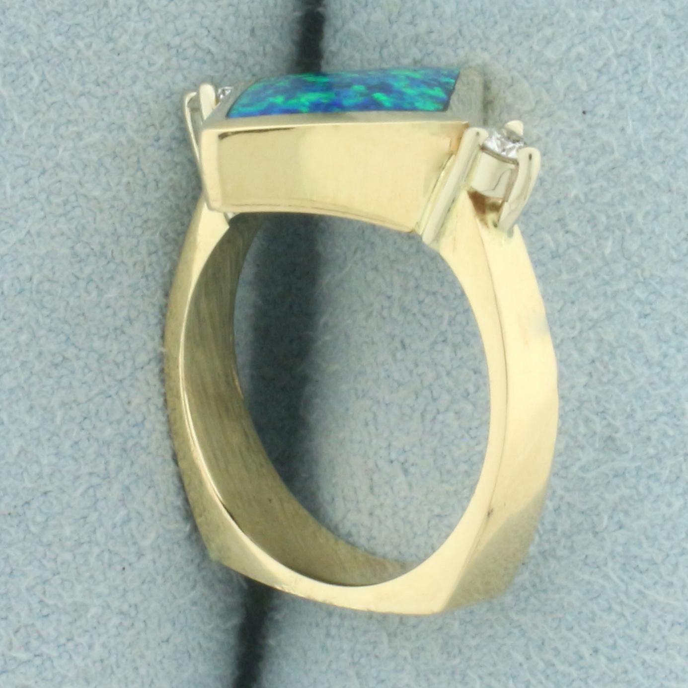 Australian Black Opal And Diamond Ring In 14k Yellow Gold