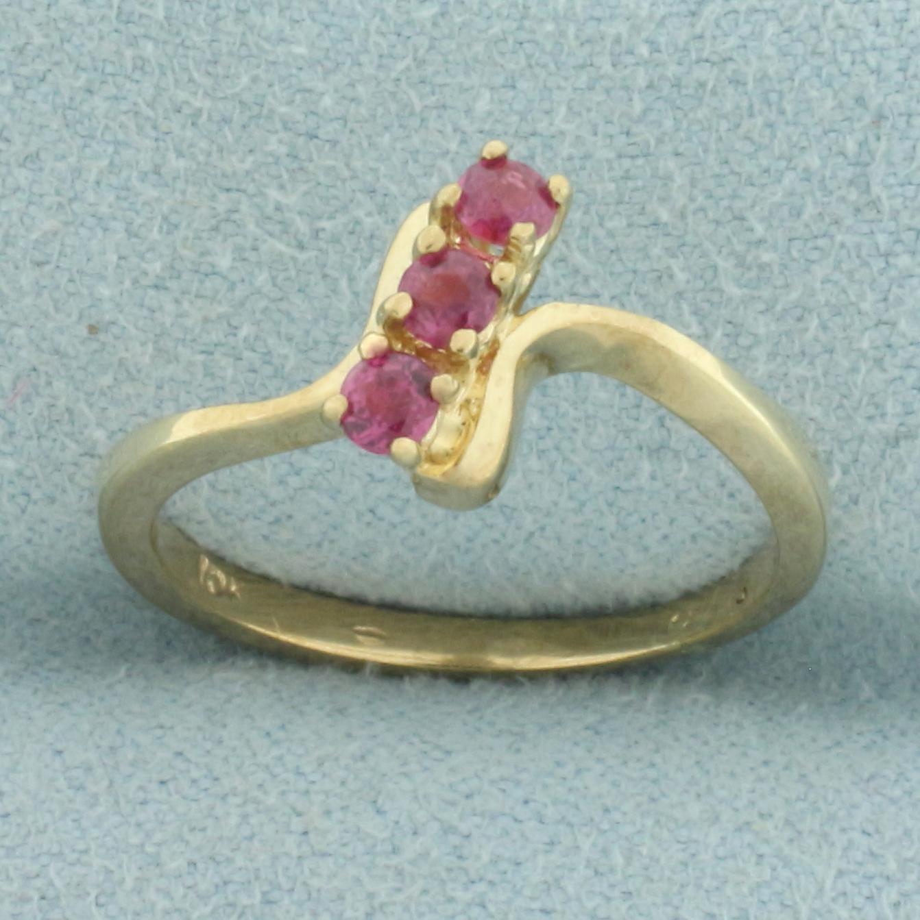 3-stone Diagonal Ruby Ring In 10k Yellow Gold